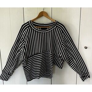 CREARE Black White Stripe Asymmetric Top Crop Tunic Long Sleeve Relaxed One Size